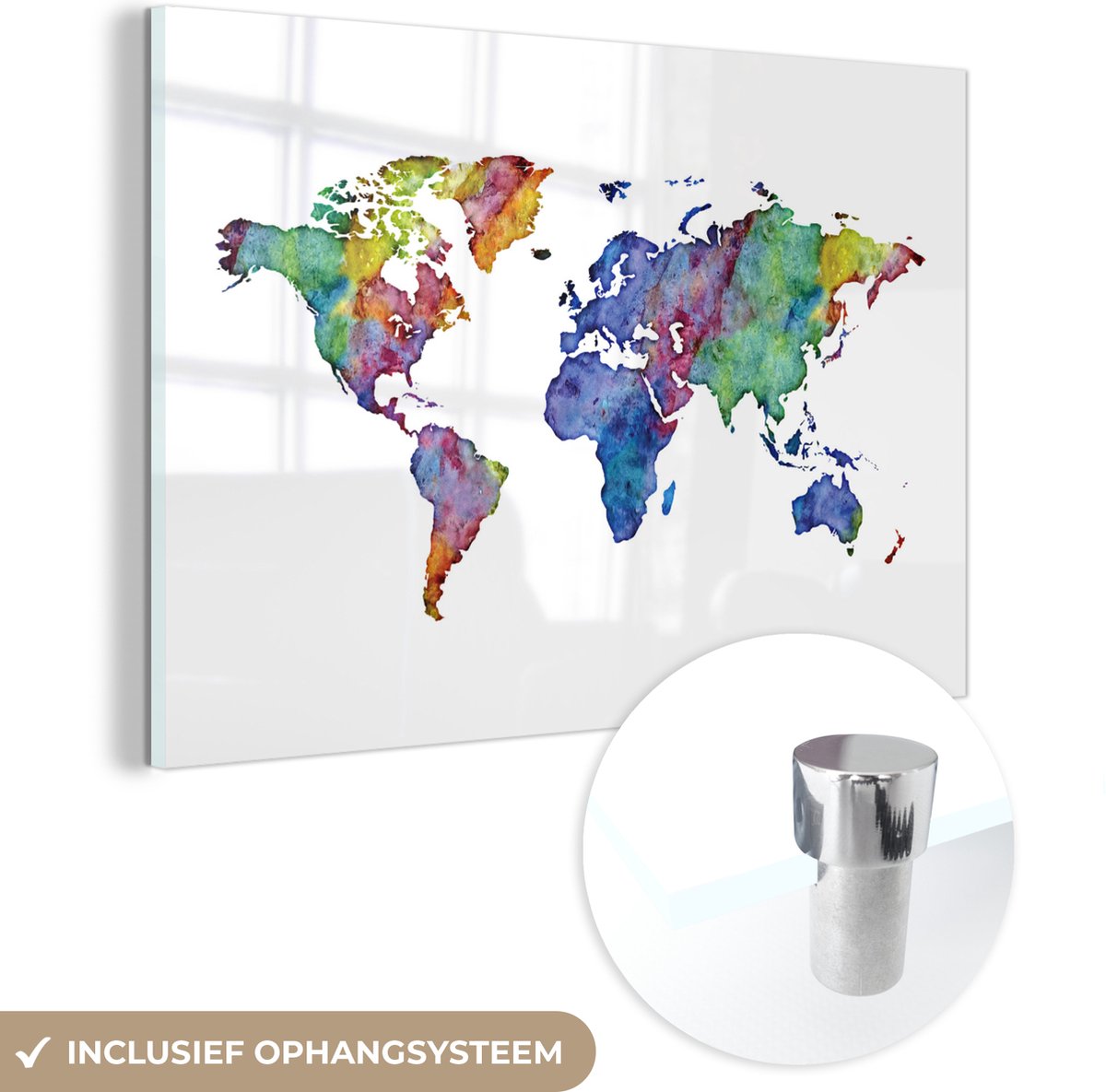 ® Glasschilderij 150x100 cm - Schilderij acrylglas - Wereldkaart - Waterverf - Regenboog - Foto op glas - Muurdecoratie woonkamer - Wanddecoratie slaapkamer - Schilderijen