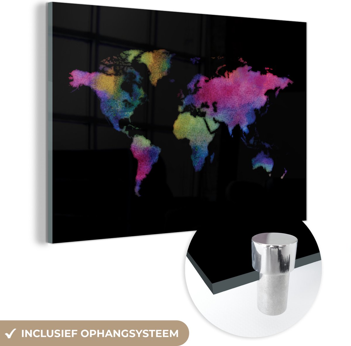® Glasschilderij 120x80 cm - Schilderij acrylglas - Wereldkaart - Waterverf - Kleuren - Foto op glas - Muurdecoratie woonkamer - Wanddecoratie slaapkamer - Schilderijen