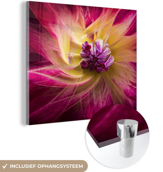 MuchoWow® Glasschilderij 90x90 cm - Schilderij acrylglas - Bloemen - Roze - Dahlia - Foto op glas - Schilderijen