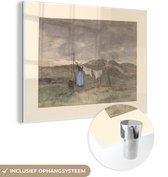 MuchoWow® Glasschilderij 80x60 cm - Schilderij acrylglas - Vrouw bij een waslijn in de duinen - Schilderij van Anton Mauve - Foto op glas - Schilderijen