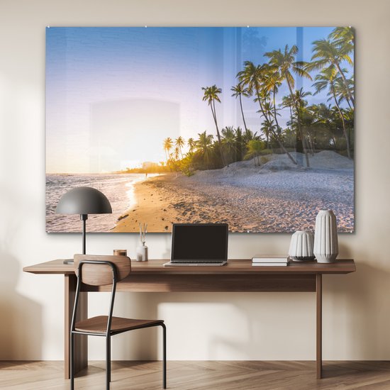 MuchoWow® Peinture sur Verre - Palmiers sur la Plage Pendant le Lever du Soleil - 150x100 cm - Peintures sur Verre Acrylique - Photo sur Glas