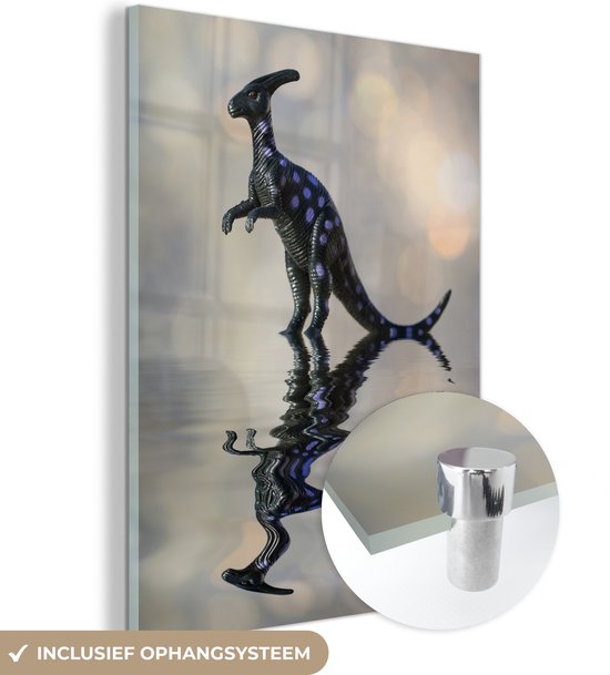 MuchoWow® Glasschilderij 30x40 cm - Schilderij acrylglas - Dinosaurus speelgoed - Zwart - Water - Foto op glas - Schilderijen