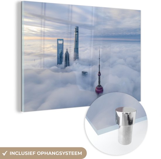 MuchoWow® Glasschilderij 60x40 cm - Schilderij acrylglas - Wolkenkrabber - Mist - Shanghai - Foto op glas - Schilderijen