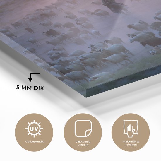 Peinture sur verre - Herder sur un chevalet entre troupeau de moutons dans le brouillard - 180x120 cm - Peintures sur Verre Peintures - Photo sur Glas