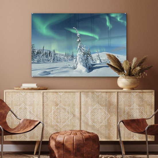 Peinture sur Verre - Paysage d'Hiver sous les Aurores Boréales - 90x60 cm - Peintures sur Verre Peintures - Photo sur Glas