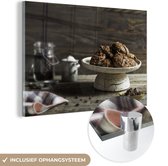 MuchoWow® Glasschilderij 120x80 cm - Schilderij acrylglas - Een schaal met koekjes en koffie - Foto op glas - Schilderijen