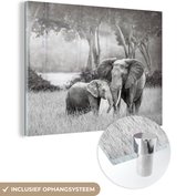 MuchoWow® Peinture sur verre 40x30 cm - Peinture acrylique sur verre - Éléphant - Animaux - Nature - Zwart et blanc - Photo sur verre - Peintures