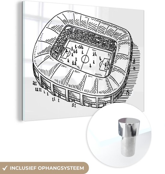 MuchoWow® Glasschilderij - Een zwart-wit illustratie van een voetbalstadion - 80x60 cm - Acrylglas Schilderijen - Foto op Glas