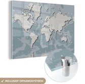 Wereldkaart - Blauw - Grijs - Plexiglas grand 120x80cm