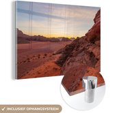 Beau lever de soleil derrière les rochers en plexiglas du Wadi Rhum 30x20 cm - petit - Tirage photo sur Glas (décoration murale en plexiglas)