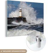 MuchoWow® Glasschilderij 80x60 cm - Schilderij acrylglas - Een vuurtoren in een storm - Foto op glas - Schilderijen