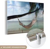 MuchoWow® Glasschilderij 90x60 cm - Schilderij acrylglas - Palmboom - Hangmat - Strand - Foto op glas - Schilderijen
