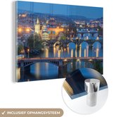 MuchoWow® Glasschilderij 30x20 cm - Schilderij acrylglas - Nacht - Praag - Bruggen - Foto op glas - Schilderijen