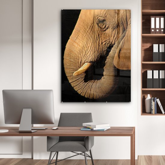 MuchoWow® Peinture sur verre 90x120 cm - Peinture sur verre acrylique - Éléphant - Animaux - Gros plan - Zwart - Photo sur verre - Peintures