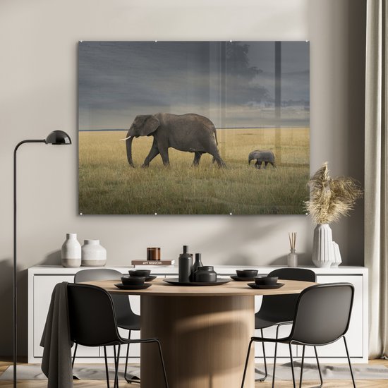 ® Glasschilderij 120x90 cm - Schilderij acrylglas - Olifant - Savanne - Dieren - Natuur - Foto op glas - Muurdecoratie woonkamer - Wanddecoratie slaapkamer - Schilderijen