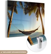MuchoWow® Glasschilderij 160x120 cm - Schilderij acrylglas - Palmbomen - Hangmat - Lucht - Foto op glas - Schilderijen