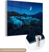 MuchoWow® Glasschilderij 40x30 cm - Schilderij acrylglas - Maan - Berg - Blauw - Foto op glas - Schilderijen