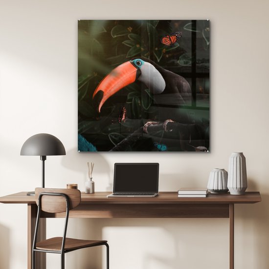 MuchoWow® Peinture sur verre 90x90 cm - Peinture sur verre - Toucan - Papillon - Feuilles - Photo sur verre acrylique - Peintures