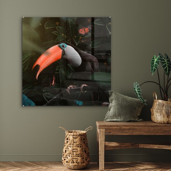 MuchoWow® Peinture sur verre 90x90 cm - Peinture sur verre - Toucan - Papillon - Feuilles - Photo sur verre acrylique - Peintures