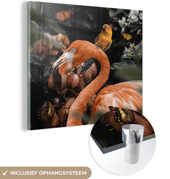 MuchoWow® Glasschilderij - Flamingo - Jungle - Papegaai - Acrylglas Schilderijen - Foto op Glas