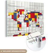 MuchoWow® Glasschilderij 80x60 cm - Schilderij acrylglas - Wereldkaart - Mondriaan - Kleuren - Foto op glas - Schilderijen