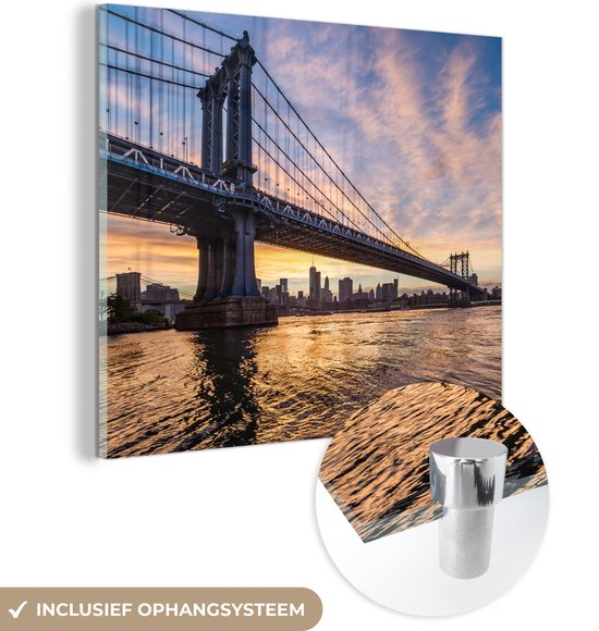 Peintures sur Verre - Ciel Nuageux sur le Bridge de Brooklyn à New York au Coucher du Soleil - 90x90 cm - Peintures sur Verre Acrylique - Photo sur Glas