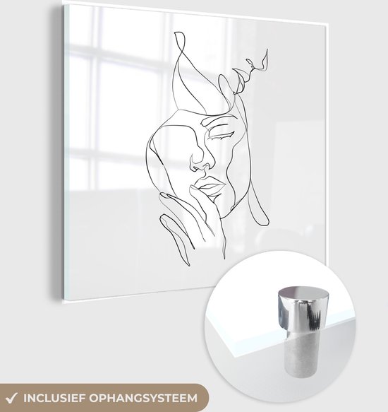 MuchoWow® Glasschilderij 50x50 cm - Schilderij acrylglas - Abstracte line art van een vrouw en een man vierkant - Foto op glas - Schilderijen