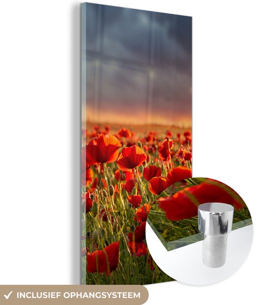 MuchoWow® Glasschilderij 20x40 cm - Schilderij acrylglas - Zonsondergang - Klaprozen - Rood - Bloemen - Veld - Natuur - Foto op glas - Schilderijen
