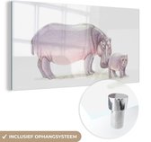 MuchoWow® Glasschilderij 160x80 cm - Schilderij acrylglas - Nijlpaard - Kalf - Waterverf - Foto op glas - Schilderijen