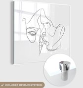 MuchoWow® Glasschilderij 20x20 cm - Schilderij acrylglas - Abstracte line art met een vrouw die recht naar de camera kijkt vierkant - Foto op glas - Schilderijen
