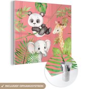 MuchoWow® Glasschilderij 90x90 cm - Schilderij acrylglas - Jungledieren - Kind - Roze - Foto op glas - Schilderijen