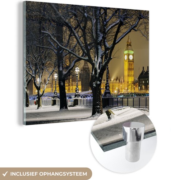 MuchoWow® Glasschilderij 160x120 cm - Schilderij acrylglas - Winter - Big Ben - Londen - Foto op glas - Schilderijen