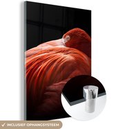 MuchoWow® Glasschilderij 120x160 cm - Schilderij acrylglas - Flamingo - Veren - Roze - Foto op glas - Schilderijen