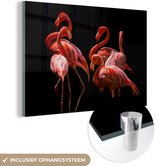 MuchoWow® Glasschilderij 120x80 cm - Schilderij acrylglas - Flamingo's - Vogels - Veren - Zwart - Foto op glas - Schilderijen