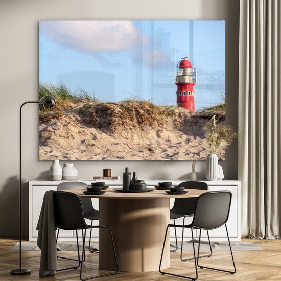 MuchoWow® Glasschilderij 160x120 cm - Schilderij acrylglas - Strand - Vuurtoren - Duin - Foto op glas - Muurdecoratie woonkamer - Wanddecoratie slaapkamer - Schilderijen