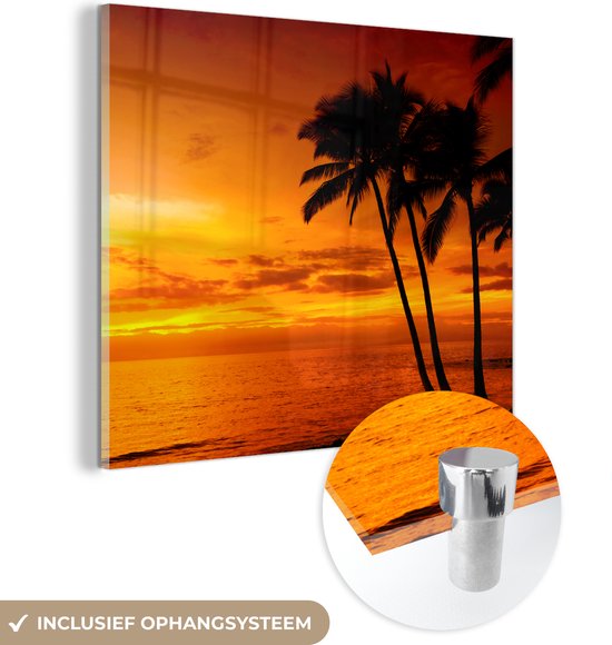 Glasschilderij - Acrylplaat - Palmboom - Oranje - Zonsondergang - Zee - Glazen schidlerij - Foto op glas - Wanddecoratie - Kamer decoratie - Acrylglas - 50x50 cm - Schilderijen woonkamer