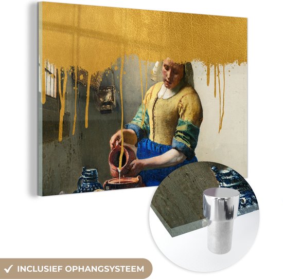 MuchoWow® Glasschilderij 30x20 cm - Schilderij acrylglas - Melkmeisje - Goud - Vermeer - Foto op glas - Schilderijen