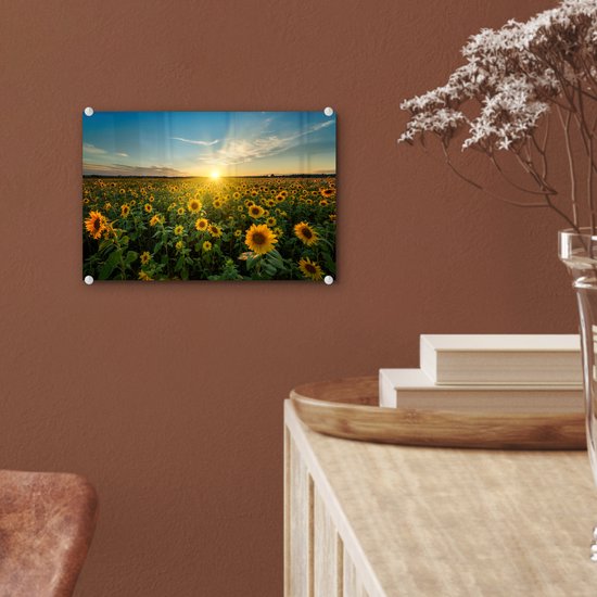 Peinture sur verre - Décoration murale - Fleurs - Tournesol - Jaune - Ciel - Peinture sur verre - Photo sur verre - Peinture fleurs - Verre acrylique - 30x20 cm - Décoration murale