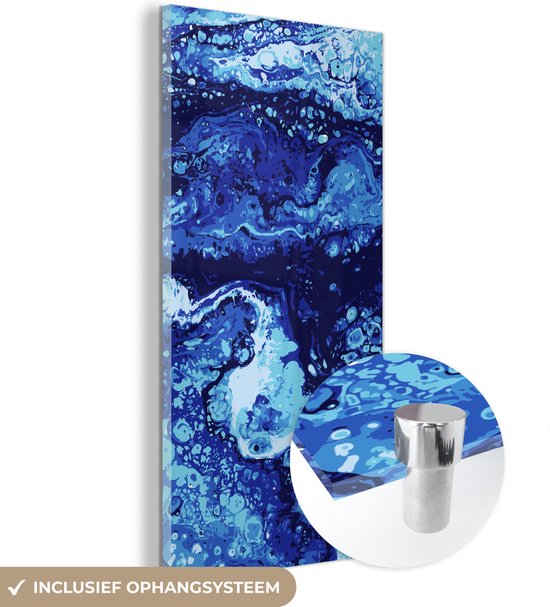 MuchoWow® Glasschilderij 80x160 cm - Schilderij acrylglas - Marmer - Blauw - Waterverf - Foto op glas - Schilderijen