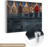 MuchoWow® Glasschilderij 60x40 cm - Schilderij acrylglas - Kruiden - Lepels - Hout - Keuken - Specerijen - Industrieel - Foto op glas - Schilderijen