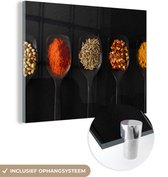 MuchoWow® Glasschilderij 120x90 cm - Schilderij acrylglas - Lepels - Specerijen - Zwart - Kruiden - Rustiek - Foto op glas - Schilderijen