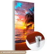 Glasschilderij - Glazen schilderij - Palmboom - Zon - Strand - Horizon - Foto op glas - Glas schilderij - Kamer decoratie - Acrylglas - 20x40 cm - Schilderijen woonkamer