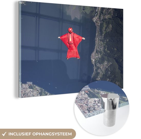 MuchoWow® Glasschilderij 180x120 cm - Schilderij acrylglas - wingsuit - Foto op glas - Schilderijen