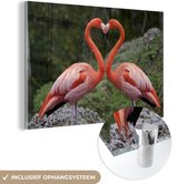 MuchoWow® Glasschilderij 120x80 cm - Schilderij glas - Twee flamingo's vormen een hart - Foto op acrylglas - Schilderijen