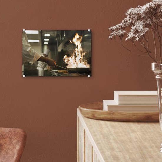 MuchoWow® Peinture sur Verre - Kok tenant une poêle brûlante - 30x20 cm - Peintures sur Verre Acrylique - Photo sur Glas