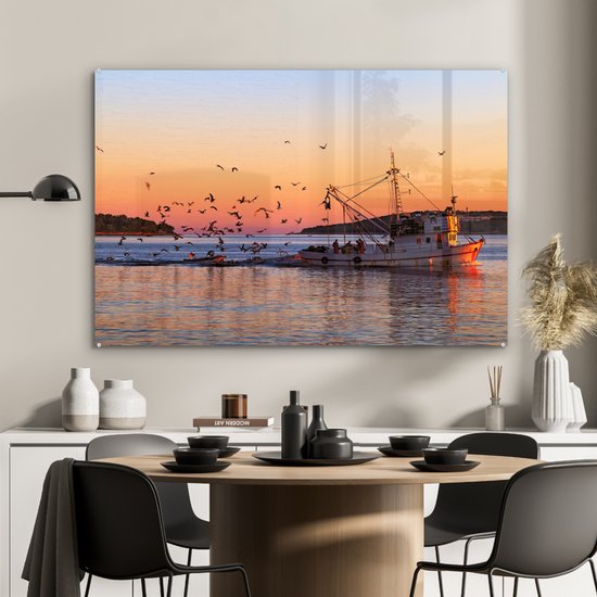 MuchoWow® Peinture sur verre 90x60 cm - Peinture acrylique sur verre - Bateau de pêche au coucher du soleil - Photo sur verre - Peintures