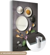 MuchoWow® Glasschilderij 80x120 cm - Schilderij acrylglas - Flat lay - Thee - Cake - Foto op glas - Schilderijen