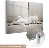 MuchoWow® Glasschilderij 120x80 cm - Schilderij acrylglas - Labrador puppy op bank - Foto op glas - Schilderijen