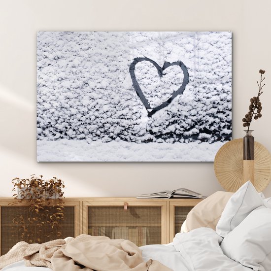 ® Glasschilderij 120x80 cm - Schilderij acrylglas - Hartje in sneeuw - Foto op glas - Muurdecoratie woonkamer - Wanddecoratie slaapkamer - Schilderijen