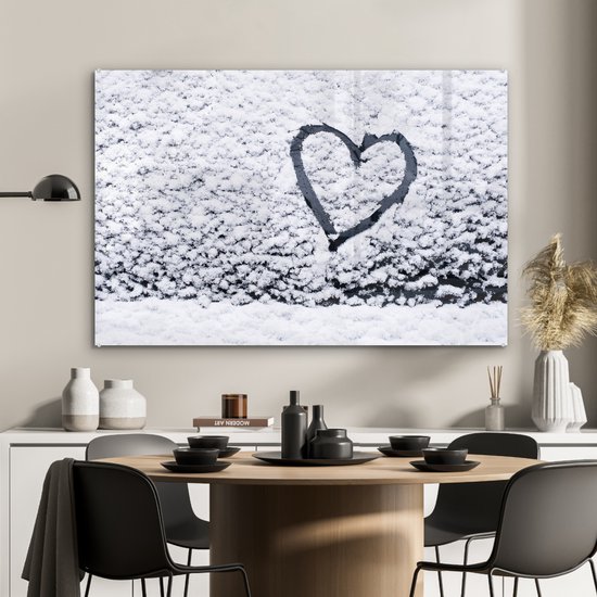 ® Glasschilderij 120x80 cm - Schilderij acrylglas - Hartje in sneeuw - Foto op glas - Muurdecoratie woonkamer - Wanddecoratie slaapkamer - Schilderijen